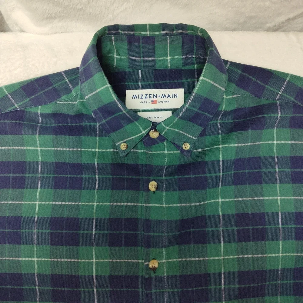 Mizzen+Main‎ Shirt Mens Large Green Plaid Button-Up Flannel Slim Trim Fit USA